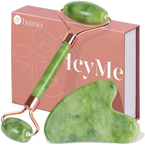 BAIMEI Gua Sha y Rodillo De Jade Roller, Guasha masajeador facial Calma yRelaja la Piel,Regalo para el cuidado de la piel,Regalos Para Mujeres