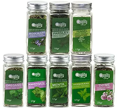 Pack de Hierbas Aromáticas Mediterráneas. Ideal para regalo y uso diario. 8 Tarros de cristal, reutilizables. Tomillo, Oregano, Albahaca, Hinojo, Romero, Menta, Perejil y Hierbabuena