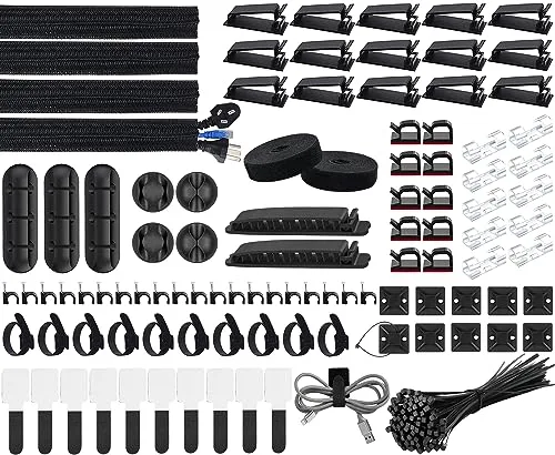 SOULWIT 200PCS Kit de organización de cables,4 fundas para cables,37 clips,7 soportes para cables,10 soportes para bridas,20 clavos para clips,100 bridas para cables,20+2 rollos de bridas(Negro)