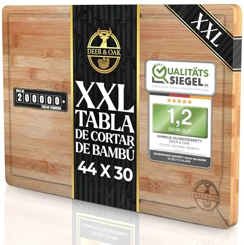 Deer & Oak Tabla de Cortar de Bambú 44x30x2 cm – Madera Preengrasada para Cocina, Pan, Carne o Verduras, Tabla Sostenible y Atractiva