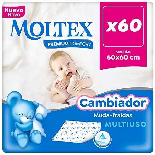 Moltex Premium Comfort - Cambiador Desechable para bebé (60x60 cm) - 60 Cambiadores (6 Bolsas de 10 Unds) - Tejido Suave y Dermatológicamente Testado - Impermeable - Certificado PEFC
