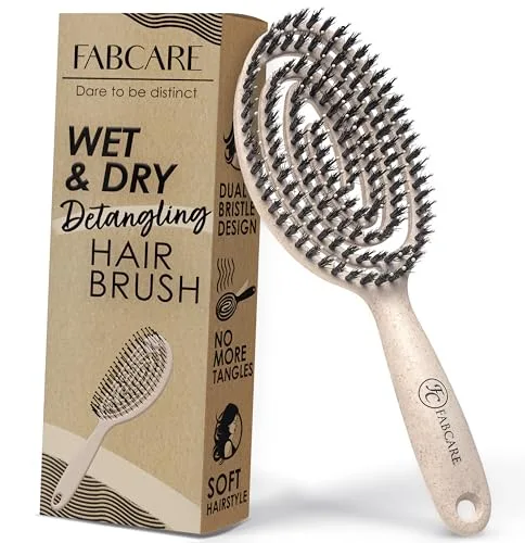 FABCARE Cepillo Cerdas Jabalí, Desenredante Sin Tirones, Peine Antitirones, Pelo Liso y Rizado, Alisador Antirotura Profesional, Ideal para Cuidado Capilar y Estilo Natural (Beige)