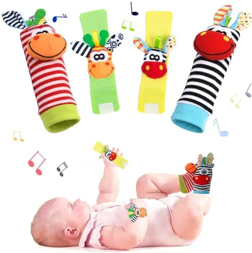Vicloon Sonajero Calcetines y Muñequeras para Bebé, 4pcs Sonajeros de Muñeca Bebe Sonajero de Pies y Manos Juguetes, Sonajero para Recién Nacidos con Buscador de Muñeca para Bebé de 4-5 Meses