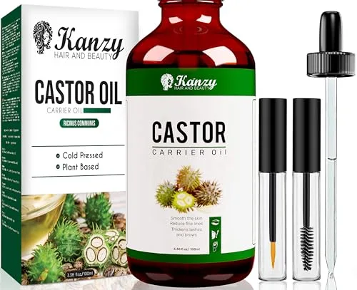Kanzy Aceite de Ricino para Pestañas y Cejas 100ml Aceite de Ricino para Cabello, Barba, Uñas, Cuerpo y el Rostro Prensado en Frío, Ideal Aceite Pelo Crecimiento Cabello Castor Oil con Cepillos