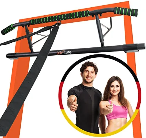 DH FitLife Barra de dominadas para marco de puerta sin tornillos | Pull up bar Doorway | entrenador de espalda para colgar | incluye cinta de entrenamiento | para puerta de 70 – 92 cm