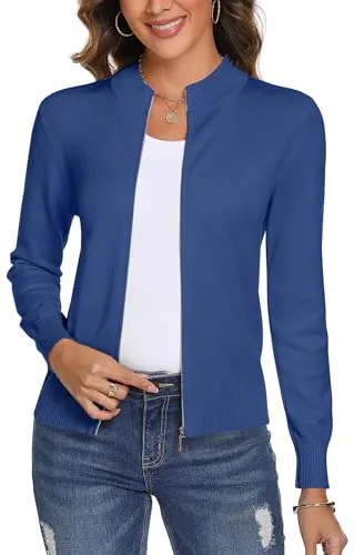 Aottori Cárdigan de Punto con Cremallera para Mujer,Chaqueta de Punto Sueter Manga Larga Abrigo Suéter Rebeca Chaqueta de Jerseis Azul Vaquero S