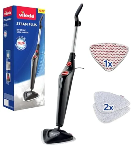 Vileda Steam PLUS, Mopa a Vapor, Limpiador a Vapor para Limpieza Higiénica, Elimina hasta 99,9% de Bacterias, Ideal para Alfombras y Moquetas, Todo Tipo de Suelos, sin Utilizar Productos Químicos