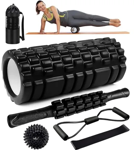 Rodillo Masaje Muscular, Qveetry 6en1, Espuma, Palos de Masaje, Bolas, Foam Roller de Tejido Profundo (Negro)