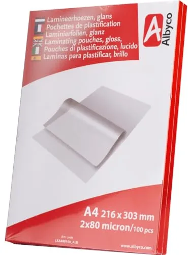 Albyco Fundas Plastificar - Laminas para plastificar- Película de Laminación- A4 (216x303 mm) - 2x80 (160) Micras- 100 Piezas- - Plastificadora, A4 Hojas Plastificar- Brillante- Transparente-