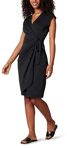 Amazon Essentials Vestido Cruzado clásico con Mangas Casquillo (Disponible en Tallas Grandes) Mujer, Negro, S