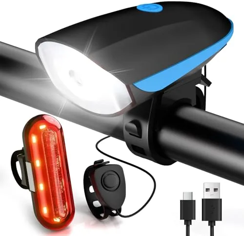 Gobikey Luces Bicicleta Delantera Y Trasera, Luz Bicicleta Recargable USB, Super Brillante Luz Bicicleta Delantera con Zumbador, Impermeable IP65, 3+4 Modos, para Ciclismo de Montaña y Carretera