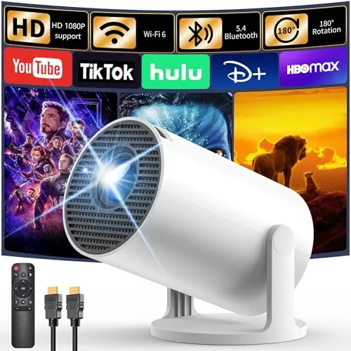 Proyector Portátil con Android TV, Yoton 1080P Soporte Mini Proyector con WiFi 6 Bluetooth 5.4, 18000L Auto Keystone 50% Zoom 180° Rotation Projector Cine Compatibile con Móviles/PC/Xbox/USB/HDMI
