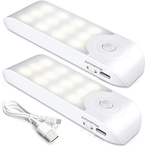 Lámpara Nocturna Recargable con Sensor Movimiento (2 PCs con 24 LED), Luces con 3 Modos, Luz Cálida para Armario, Gabinete, Pasillo, Escalera, Sótano, Cocina, Garaje