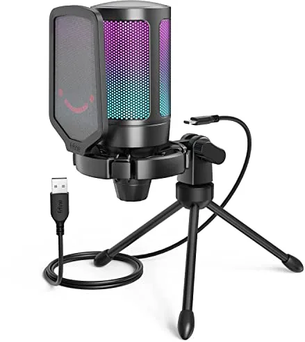 FIFINE Gaming Microfono para PC PS4 PS5, USB Condensador Micrófono de Cardioide para Ordenador Podcast Streaming Studio, con RGB, Botón de Silencio, Trípode, Filtro Anti-Pop, Soporte de Choque