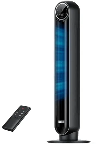 Dreo 20dB Ventilador de Pie Silencioso, Ventiladores de Torre con Velocidad de 7,6 m/s, 4 Velocidades, Rotación de 90°, Temporizador de 8 Horas, Pantalla LED y Mando a Distancia Incluido. Negro