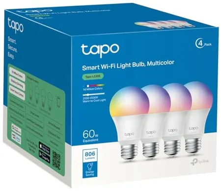 Tapo L530E (4 paquetes) – Bombilla LED inteligente Wi-Fi, multicolor, regulable, casquillo E27, 8.7W, 806 lúmenes, compatible con Alexa y Google Home