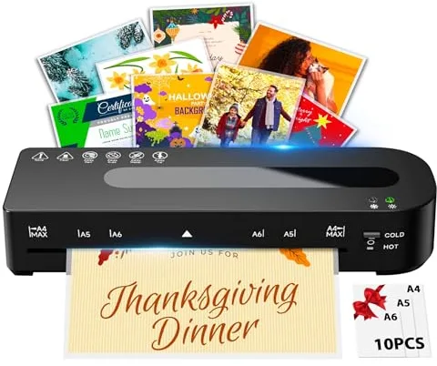 Plastificadora A4 Máquina Laminadora - Frío y Caliente Plasticos Plastificadora con 10 Fundas Plastificación A4/A5/A6, Plastificadoras 80-125Mic 90s Precalentamiento, Ideal para Escuela, Hogar (Negro)