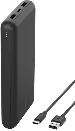 Belkin Cargador USB-C Portátil de 20 000 mAH, Batería Externa 20K con Puerto USB-C de Salida/Entrada, 2 Puertos USB-A y Cable USB-C a USB-A para iPhone, Galaxy y Otros - Negro