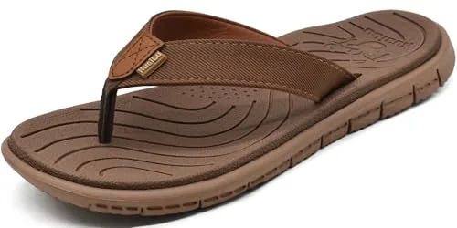KuaiLu Chanclas Mujer Verano Playa Piscina Cuero y Tela Flip Flops Señoras Comodas Piel Planas Caminar Sandalias De Dedo Antideslizante Yoga-Espuma Chancletas Alles Marrón 39
