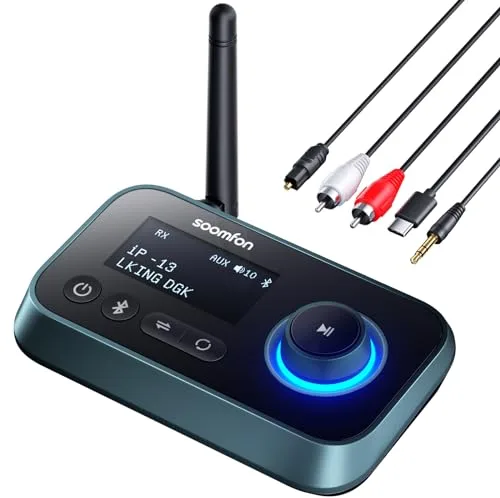 SOOMFON Transmisor Receptor Bluetooth 5.0, 3 en 1 Adaptador Audio con Pantalla LCD, Receptor Emisor Bluetooth para TV, Auriculares, Altavoces, Emisor Adaptador con Aux 3.5mm, RCA, Cable Óptico