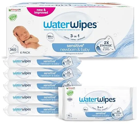 WaterWipes Sensitive+ Newborn & Baby Wipes, Toallitas Para Recién Nacidos y Bebés, 360 unidades (paquete de 6), 3 en 1 Limpia, Cuida, Protege, 99,9% Agua, Sin perfume