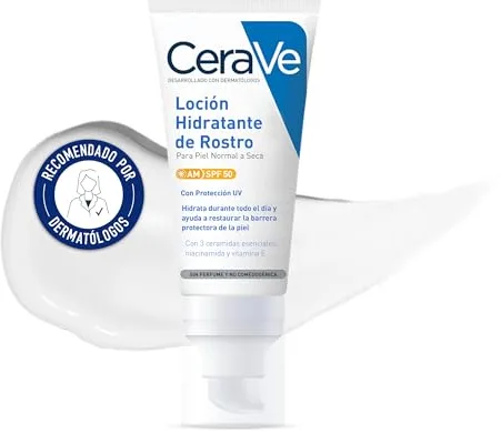 CeraVe, Loción Hidratante de Rostro SPF 50, Para Piel Normal a Seca, Hidratación y Alta Protección Contra los Rayos UVB/UVA, Enriquecida con Ceramidas, 52ml