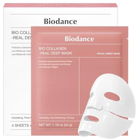 BIODANCE Bio-Collagen Real Deep Mask - Mascarilla Nocturna Hidratante, Minimiza Poros y Mejora la Elasticidad - Mascarilla Facial de Hidratación Profunda con Colágeno - 34g x 4 Unidades