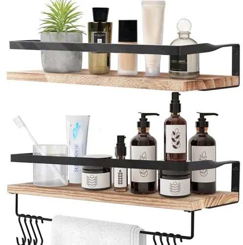 Uten Baldas Pared, Estante de Pared de 2 Niveles, Estante de Pared de Madera, 42 cm de Largo, 8 Ganchos, Adecuado para Dormitorio, Cocina, Baño, Sala de Estar, Solución Perfecta para Ahorrar Espacio