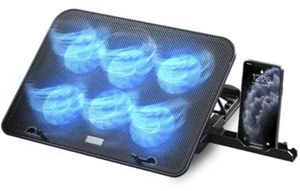 NK Base Refrigeradora Portátil - Ventilador Ordenador Portatil de 12-17" con Soporte Ajustable 5 Alturas, 6 Ventiladores Silenciosos, 2 Puertos USB, Refrigeración Rápida, Luz LED Azul - Color Negro