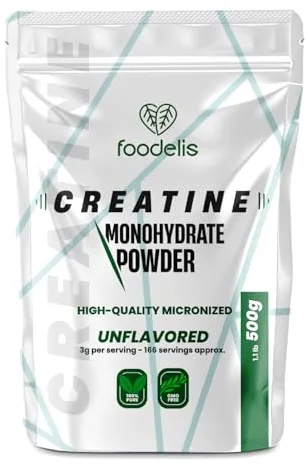 Foodelis Creatina monohidratada en polvo micronizada 500g / 166 dosis - Pura sin aditivos - Sin sabor - Incluye dosificador - Alta solubilidad - 100% creatina monohidrato micronizada