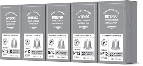by Amazon - Cápsulas de café Intenso, tueste oscuro, compatibles con Nespresso, 100 unidades, 5 paquetes de 20, certificado Rainforest Alliance
