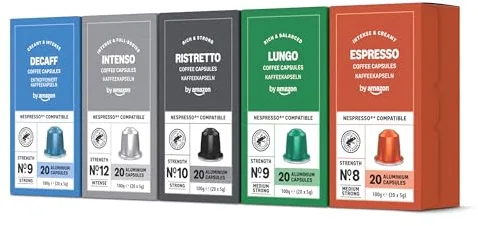by Amazon Cápsula de café Paquete Variado compatibles con Nespresso, 100 Unidad, 5 Paquetes de 20, Certificado por Rainforest Alliance