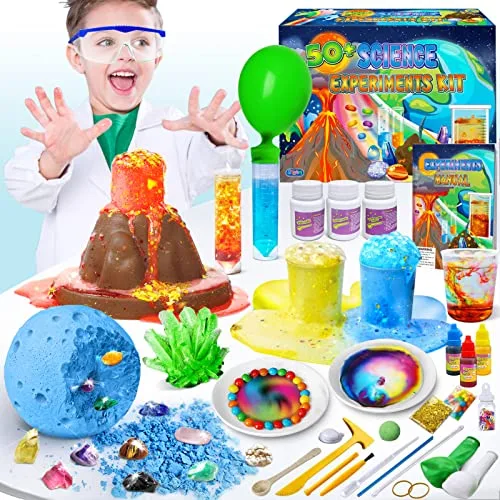 UNGLINGA Kit Científico con 50+ Experimentos para Niños, Kit de Ciencias Juego de química, Excavación de Piedras Preciosas, Volcán,Stem Juguetes Kit de Ciencia para Niños