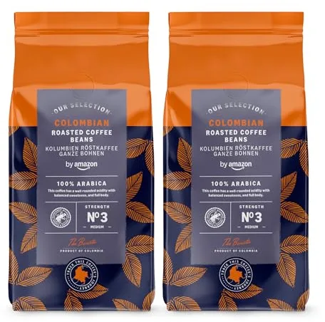By Amazon Café Colombiano en Grano, 100% Arábica, Tueste Medio, 1Kg (2 paquetes de 500g), Certificado Rainforest Alliance