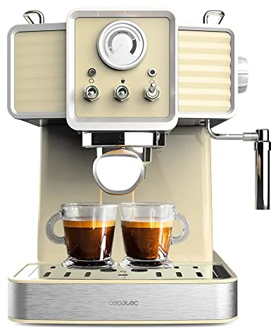 Cecotec Cafetera Express Power Espresso 20 Tradizionale Light Yellow. 1350 W, Espresso y Cappucicno, 20 Bares y Thermoblock, Vaporizador, Manómetro, Diseño Vintage, Capacidad 1,5 Litros