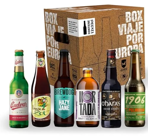 1906 Box Viaje por Europa - Pack de Degustación de Cervezas Europeas,12 x 33 cl,Incluye: Irish Stout,Belgian Blond Ale,IPA,Session IPA,Czeck Lager y 1906 Galician Irish Red