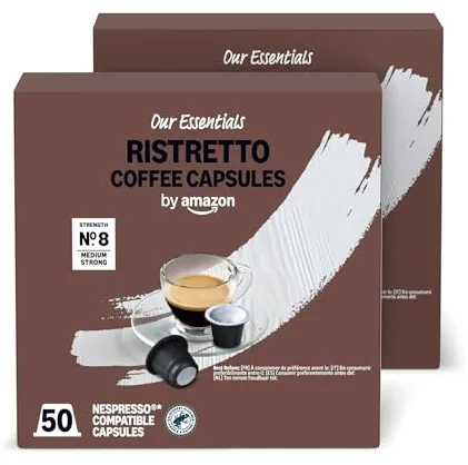 by Amazon Cápsulas de Café Ristretto de Plástico Compatibles con Nespresso, Tostado Medio, 100 Unidades (2 Paquetes de 50), Certificadas por Rainforest Alliance