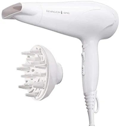 Remington Secador de Pelo Ionic Dry 2200, Iónico, Cabello Sin Encrespamiento, 2200 W, Concentrador y Difusor, 3 Temperaturas, 2 Velocidades, Rejilla Trasera Desmontable, Gancho, Blanco, D3199