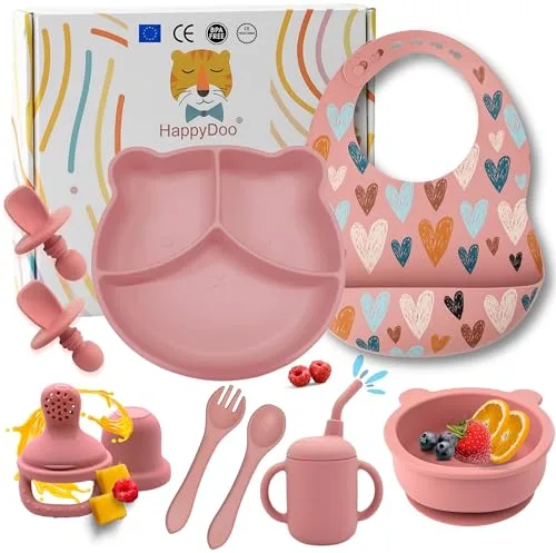 HappyDoo Vajilla Bebé Silicona 12 Piezas | Plato Ventosa Osito + Bol + Vaso + Cubiertos + Babero + Chupete Fruta | Antideslizante, BLW, Libre de BPA | Apto Microondas y Lavavajillas | Regalo Bebé