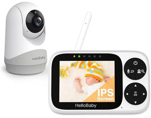 HelloBaby Camara Vigilancia Bebe, Monitor con Pantalla IPS 3.2", Sin WiFi Vigilabebes, 1000ft Alcance, Control Remoto Pan-Tilt-Zoom, 2 Vías Comunicación, Visión Nocturna y Canciones de Cuna