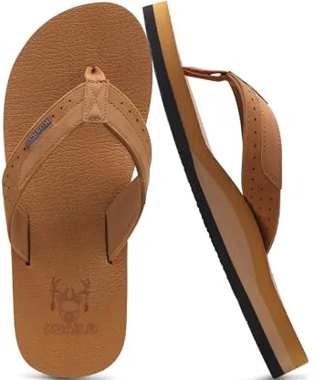 KuaiLu Chanclas Hombre Verano Playa Piscina Cuero y Tela Flip Flops Caballero Comodas Piel Planas Caminar Sandalias De Dedo Antideslizante Yoga-Espuma Chancletas Caqui Marrón 42