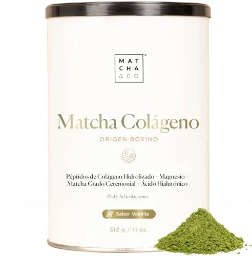 Matcha Collagen. Colágeno con Magnesio, Té Matcha y Ácido Hialurónico. Articulaciones, piel y uñas. 312 g matcha colágeno en polvo. Sabor Vainilla