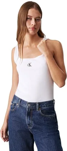Calvin Klein Camiseta de Tirantes Mujer CK Rib Cuello Redondo, Blanco (Bright White), M