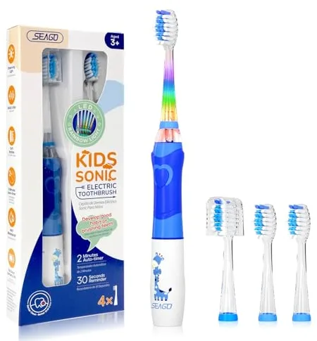 Cepillo electrico infantil, Seago Cepillo de dientes infantil con luz de colores, 4 cabezal de recambio extra suaves, Temporizador de 2 minutos, Apto para niños mayores de 3 años SG977 (Azul)