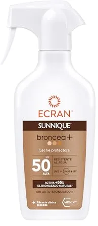 Ecran Sunnique Leche Protectora Solar Broncea+ SPF 50 en Spray Protección Alta UVB + UVA e IR-A Activa el Bronceado Natural, Sin Autobronceador, con Tecnología PureBronze, Resistente al Agua - 270 ml