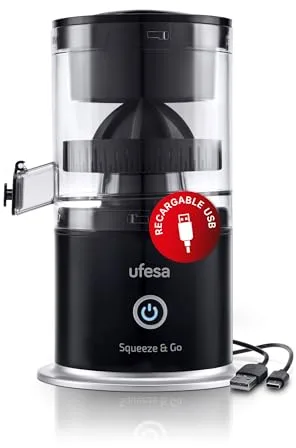 Ufesa Squeeze & Go, exprimidor electrico de ctricos recargable con USB-C, porttil, exprimidor de naranjas y limas, batera de 1500 mAh, 220 ml, sin BPA