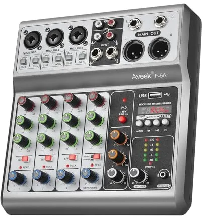 Mezclador de audio profesional Aveek, Sound Board Mixing Console with Bluetooth USB digital de 5 canales, entrada 48V Phantom Power Mezcladores de DJ estéreo para grabación