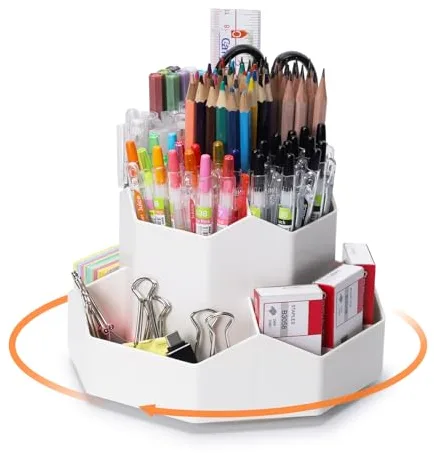 FRETONBA Portalápices Giratorio - Organizador de Sobremesa, Organizador de Escritorio Con 9 Compartimentos, Soporte Para Lápices de 360 Grados, Gran Capacidad (Blanco)