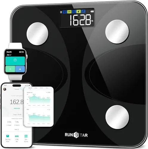 Runstar Báscula de Baño Digital Inteligente con App - Análisis de 13 Composición Corporal (Grasa, Músculo, IMC, Agua) y Alta Precisión hasta 180kg para Hombres y Mujeres