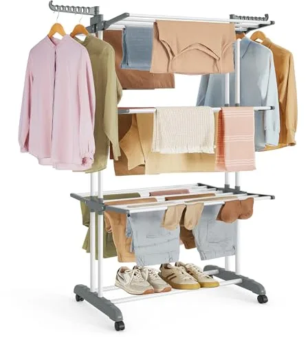 SONGMICS Tendedero, Plegable de 4 Niveles, Móvil, con Ruedas, Alas Plegables, 63,5 x 128 x 173 cm, Gran Capacidad, Montaje Fácil, Uso Interior y Exterior, Blanco LLR701W01